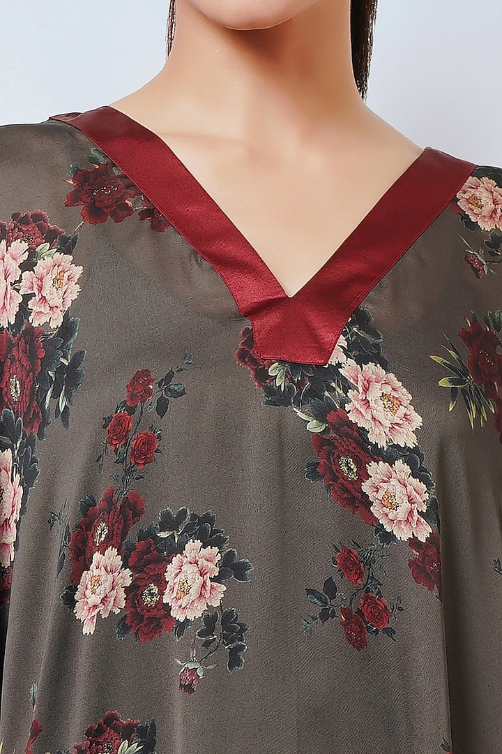 Olive Green Satin Georgette Printed Kaftan Set by First Resort by Ramola Bachchan at Pernia's Pop Up Shop