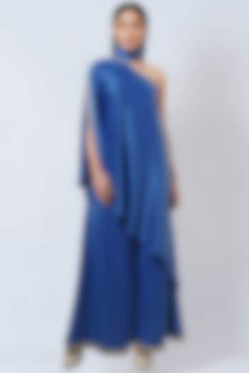 Cobalt Blue Polyester Crepe Tunic Set by First Resort by Ramola Bachchan