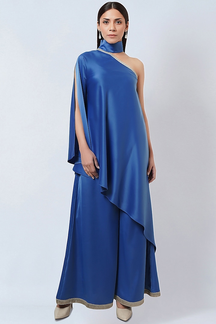Cobalt Blue Polyester Crepe Tunic Set by First Resort by Ramola Bachchan