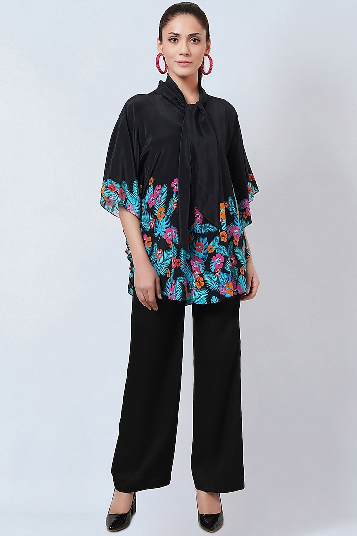 Black Viscose Crepe Floral Printed Pant Set by First Resort by Ramola Bachchan at Pernia's Pop Up Shop