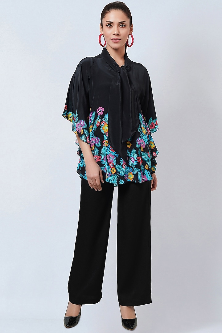 Black Viscose Crepe Floral Printed Pant Set by First Resort by Ramola Bachchan at Pernia's Pop Up Shop