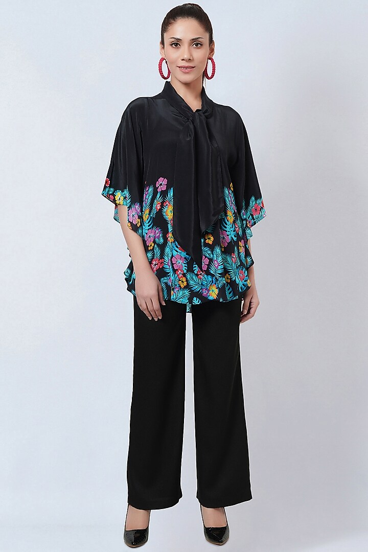 Black Viscose Crepe Floral Printed Pant Set by First Resort by Ramola Bachchan at Pernia's Pop Up Shop