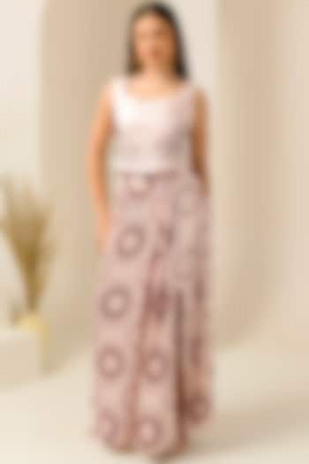 Blush Pink & Red Linen Satin Printed Skirt Set by First Resort by Ramola Bachchan at Pernia's Pop Up Shop