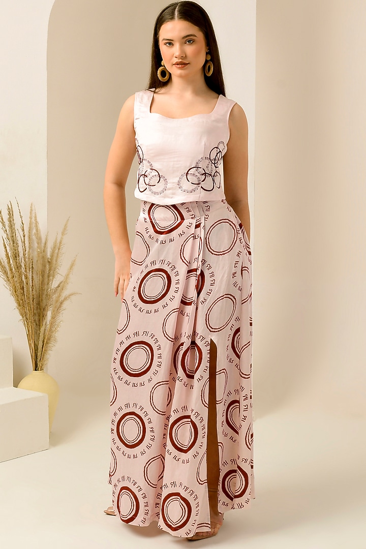 Blush Pink & Red Linen Satin Printed Skirt Set by First Resort by Ramola Bachchan at Pernia's Pop Up Shop