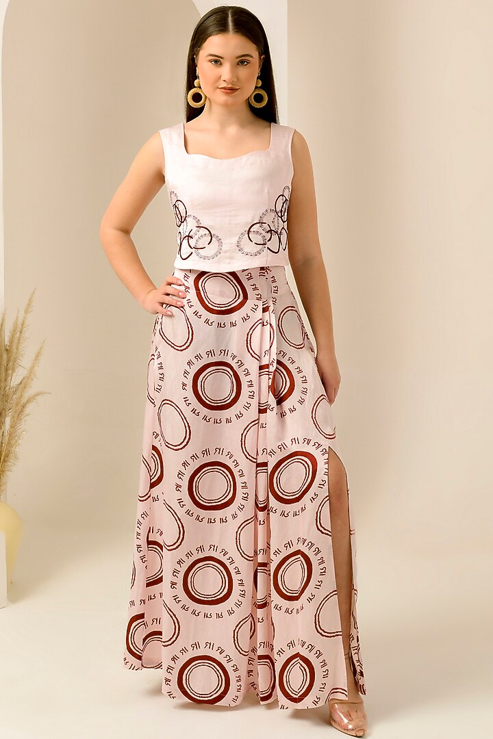 Blush Pink & Red Linen Satin Printed Skirt Set by First Resort by Ramola Bachchan at Pernia's Pop Up Shop