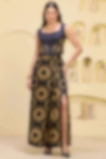 Black & Golden Linen Satin Printed Skirt Set by First Resort by Ramola Bachchan at Pernia's Pop Up Shop