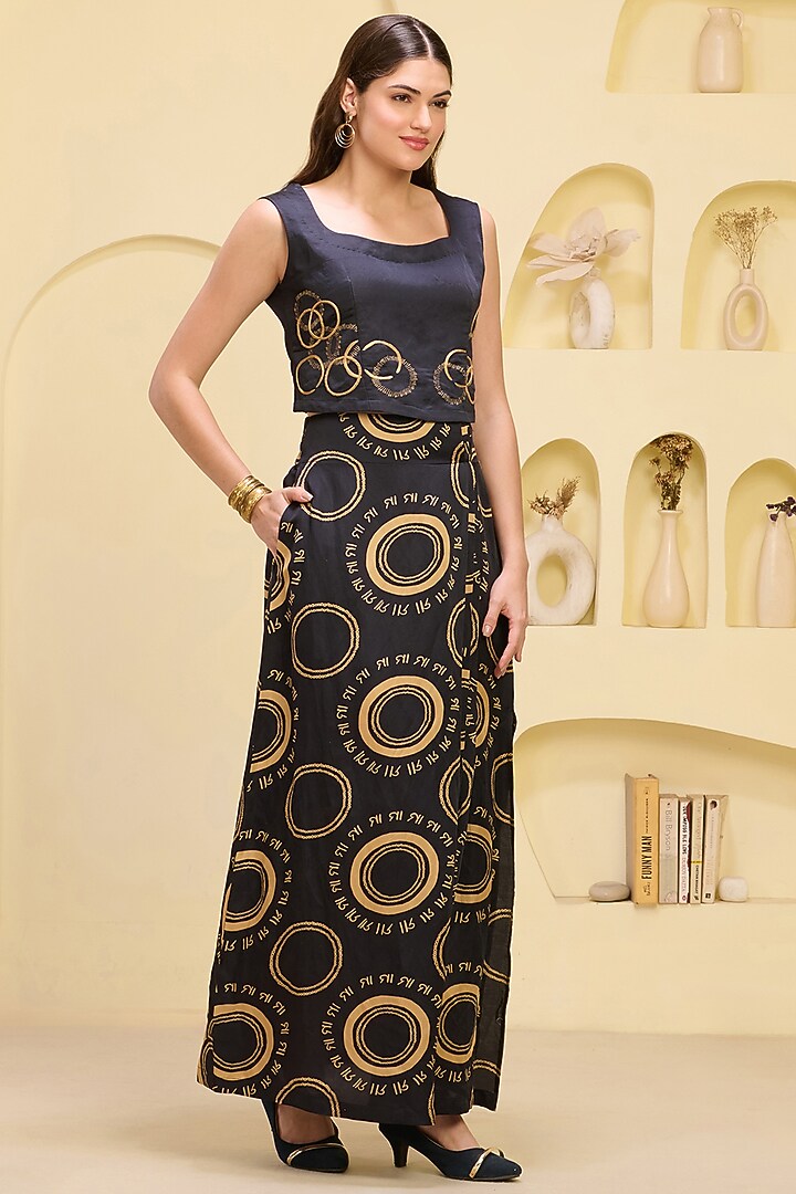 Black & Golden Linen Satin Printed Skirt Set by First Resort by Ramola Bachchan at Pernia's Pop Up Shop
