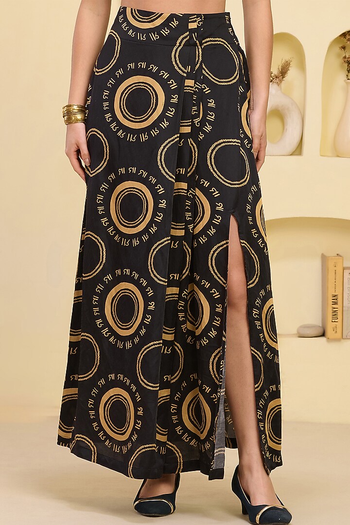 Black & Golden Linen Satin Printed Skirt Set by First Resort by Ramola Bachchan at Pernia's Pop Up Shop