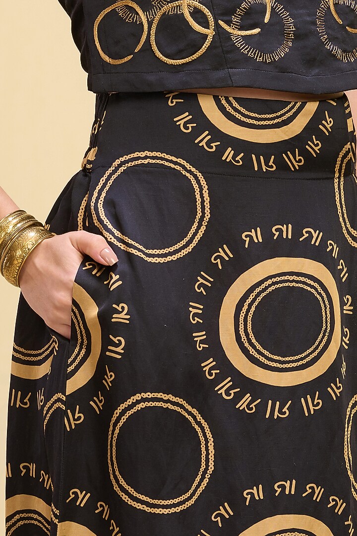 Black & Golden Linen Satin Printed Skirt Set by First Resort by Ramola Bachchan at Pernia's Pop Up Shop