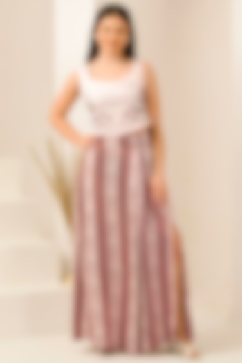 Blush Pink & Red Linen Satin Stripe Printed Skirt Set by First Resort by Ramola Bachchan at Pernia's Pop Up Shop