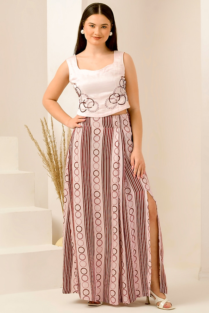 Blush Pink & Red Linen Satin Stripe Printed Skirt Set by First Resort by Ramola Bachchan at Pernia's Pop Up Shop