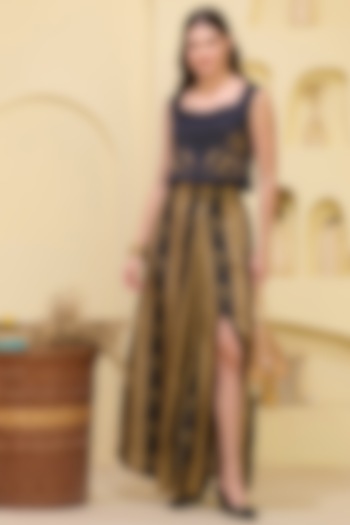 Black & Golden Linen Satin Stripe Printed Skirt Set by First Resort by Ramola Bachchan at Pernia's Pop Up Shop
