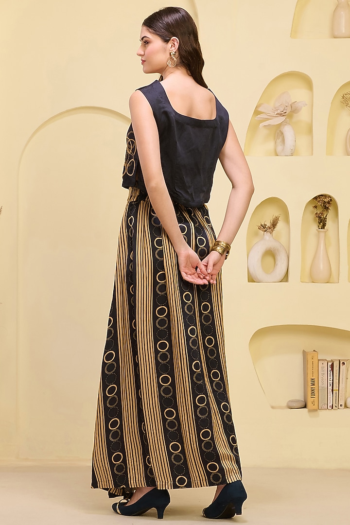 Black & Golden Linen Satin Stripe Printed Skirt Set by First Resort by Ramola Bachchan at Pernia's Pop Up Shop