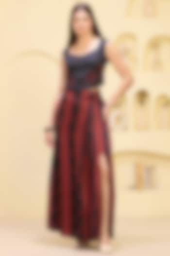 Black & Red Linen Satin Stripe Printed Skirt Set by First Resort by Ramola Bachchan at Pernia's Pop Up Shop
