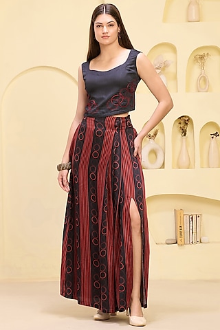 Black & Red Linen Satin Stripe Printed Skirt Set by First Resort by Ramola Bachchan