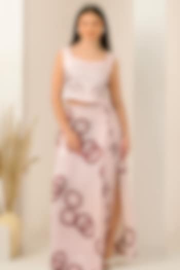 Blush Pink & Red Linen Satin Printed Skirt Set by First Resort by Ramola Bachchan at Pernia's Pop Up Shop