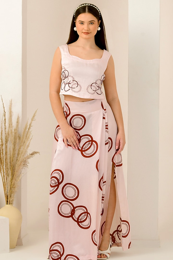 Blush Pink & Red Linen Satin Printed Skirt Set by First Resort by Ramola Bachchan at Pernia's Pop Up Shop
