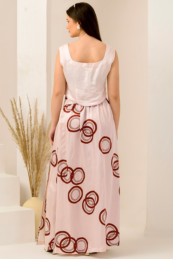 Blush Pink & Red Linen Satin Printed Skirt Set by First Resort by Ramola Bachchan at Pernia's Pop Up Shop
