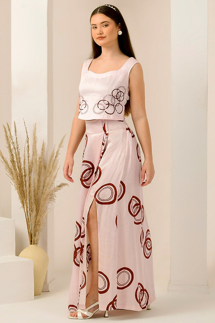 Blush Pink & Red Linen Satin Printed Skirt Set by First Resort by Ramola Bachchan at Pernia's Pop Up Shop