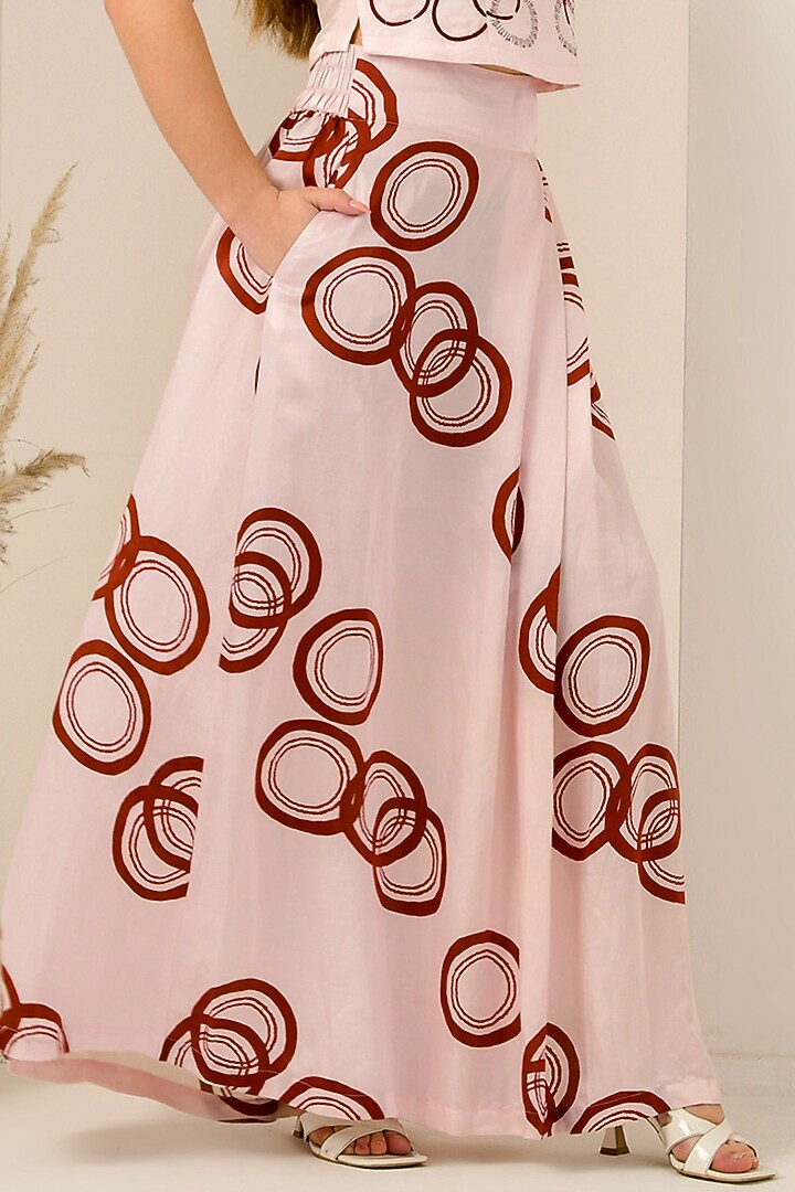 Blush Pink & Red Linen Satin Printed Skirt Set by First Resort by Ramola Bachchan at Pernia's Pop Up Shop
