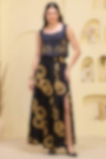 Black & Golden Linen Satin Printed Skirt Set by First Resort by Ramola Bachchan at Pernia's Pop Up Shop