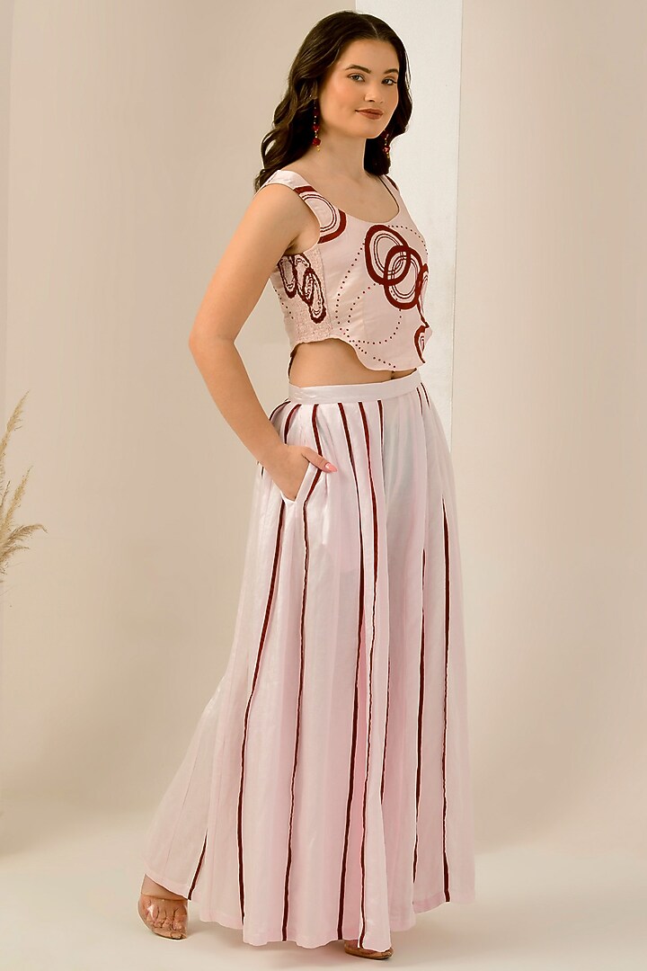 Blush Pink & Red Linen Satin Palazzo Pant Set by First Resort by Ramola Bachchan at Pernia's Pop Up Shop