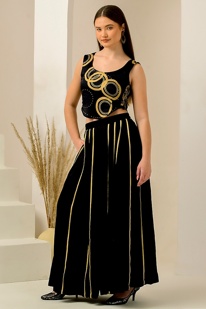 Black & Golden Linen Satin Palazzo Pant Set by First Resort by Ramola Bachchan at Pernia's Pop Up Shop