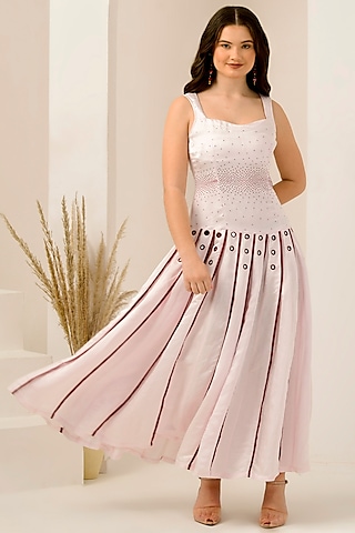 Blush Pink & Red Linen Satin Hand Embroidered Maxi Dress by First Resort by Ramola Bachchan