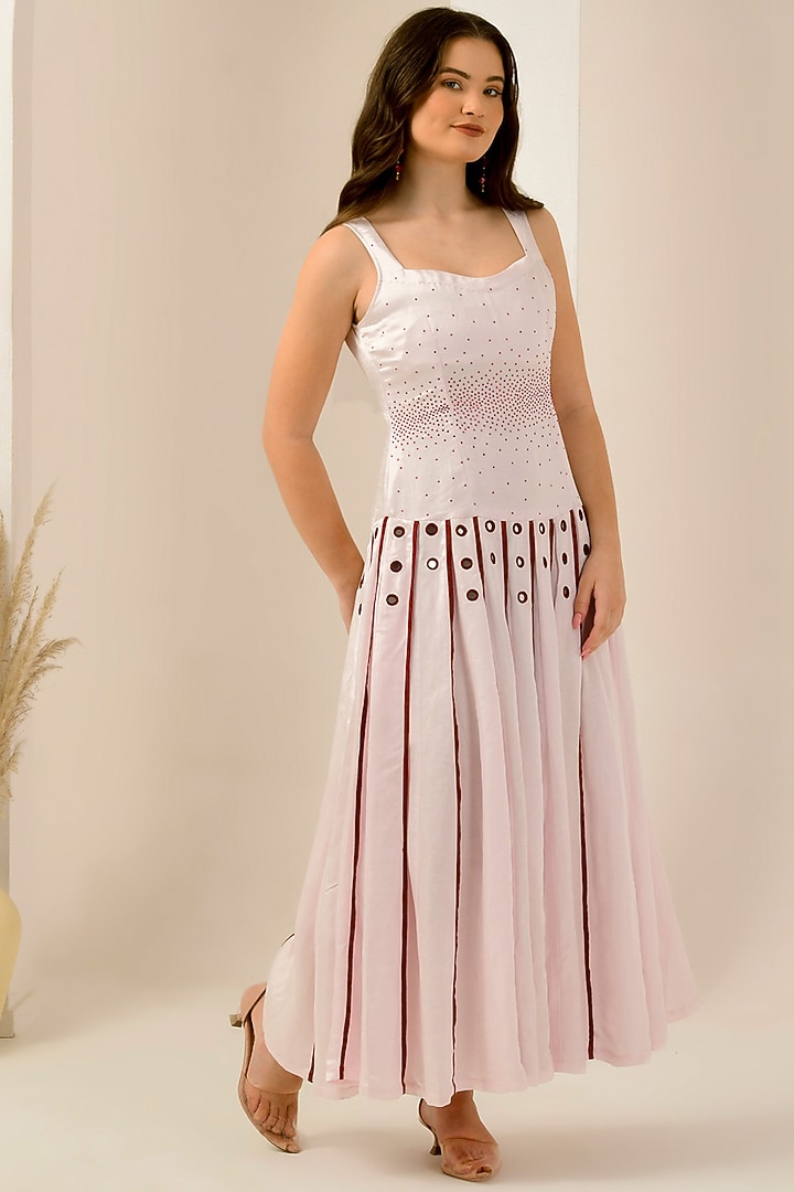 Blush Pink & Red Linen Satin Hand Embroidered Maxi Summer Dress by First Resort by Ramola Bachchan at Pernia's Pop Up Shop