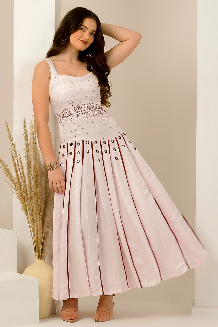 Blush Pink & Red Linen Satin Hand Embroidered Maxi Summer Dress by First Resort by Ramola Bachchan at Pernia's Pop Up Shop