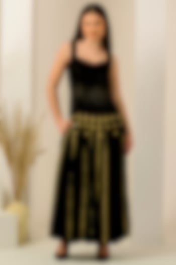 Black & Golden Linen Satin Hand Embroidered Maxi Summer Dress by First Resort by Ramola Bachchan at Pernia's Pop Up Shop