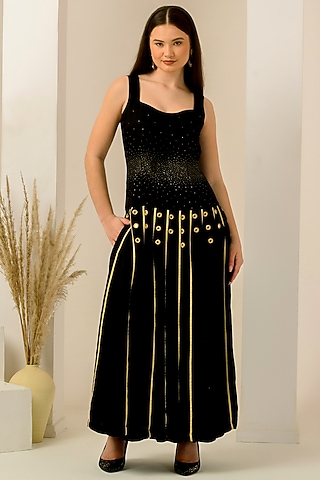 Black & Golden Linen Satin Hand Embroidered Maxi Dress by First Resort by Ramola Bachchan