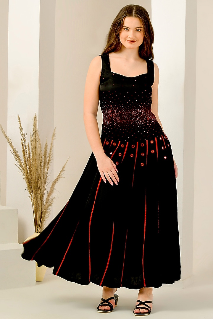 Black & Red Linen Satin Hand Embroidered Maxi Summer Dress by First Resort by Ramola Bachchan at Pernia's Pop Up Shop