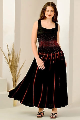 Black & Red Linen Satin Hand Embroidered Maxi Dress by First Resort by Ramola Bachchan