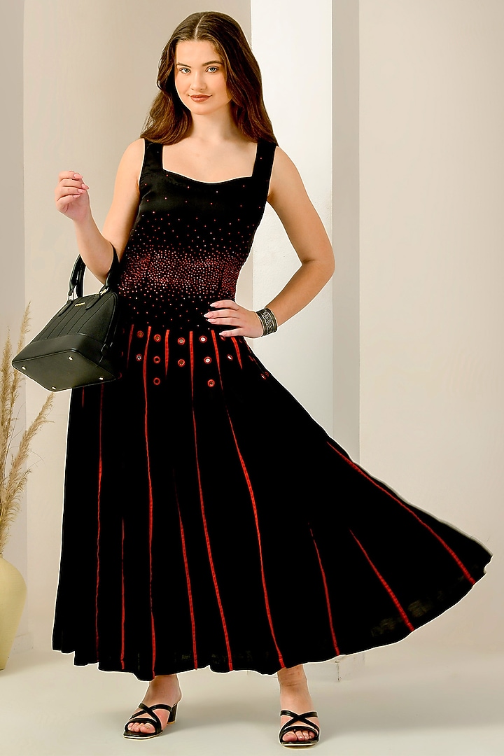 Black & Red Linen Satin Hand Embroidered Maxi Summer Dress by First Resort by Ramola Bachchan at Pernia's Pop Up Shop