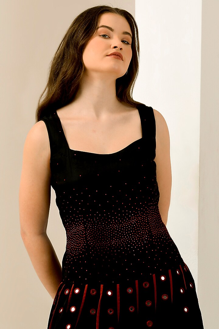 Black & Red Linen Satin Hand Embroidered Maxi Summer Dress by First Resort by Ramola Bachchan at Pernia's Pop Up Shop