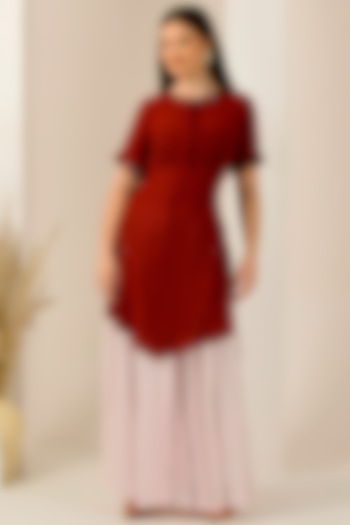 Red Cotton Satin & Linen Satin Hand Embroidered Asymmetric Kurta Set by First Resort by Ramola Bachchan at Pernia's Pop Up Shop
