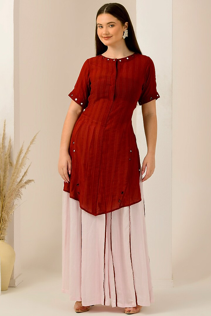 Red Cotton Satin & Linen Satin Hand Embroidered Asymmetric Kurta Set by First Resort by Ramola Bachchan at Pernia's Pop Up Shop