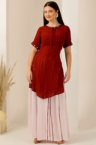 Red Cotton Satin & Linen Satin Hand Embroidered Asymmetric Kurta Set by First Resort by Ramola Bachchan
