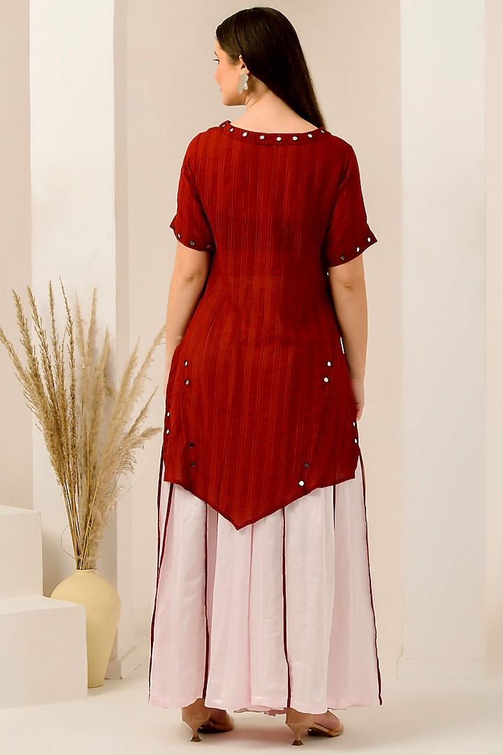 Red Cotton Satin & Linen Satin Hand Embroidered Asymmetric Kurta Set by First Resort by Ramola Bachchan at Pernia's Pop Up Shop