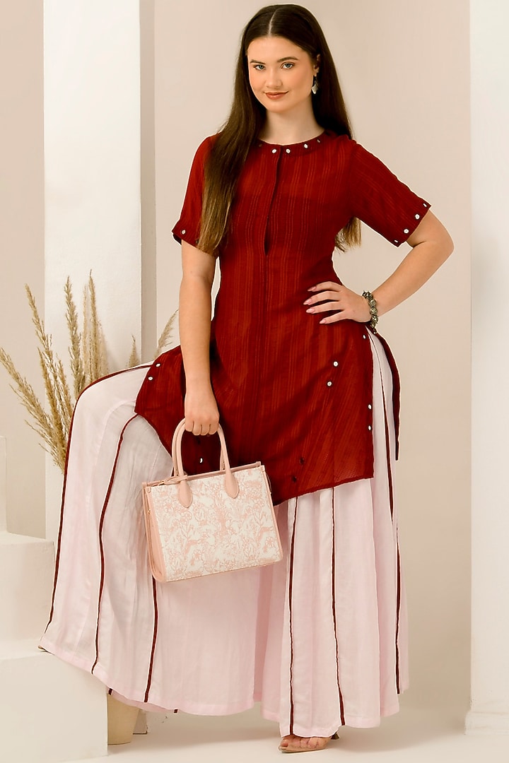 Red Cotton Satin & Linen Satin Hand Embroidered Asymmetric Kurta Set by First Resort by Ramola Bachchan at Pernia's Pop Up Shop