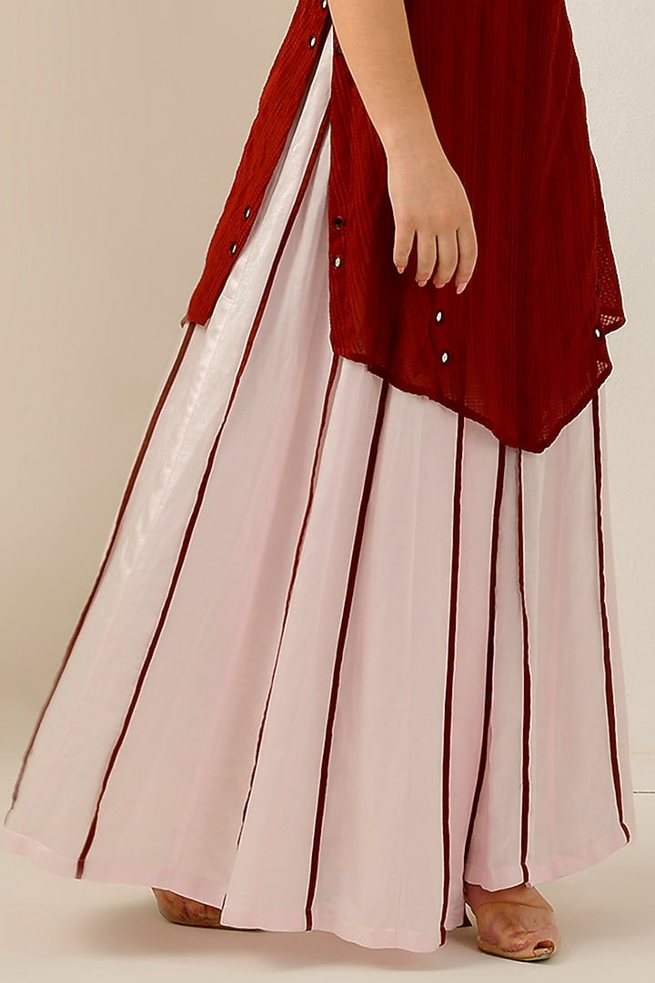 Red Cotton Satin & Linen Satin Hand Embroidered Asymmetric Kurta Set by First Resort by Ramola Bachchan at Pernia's Pop Up Shop