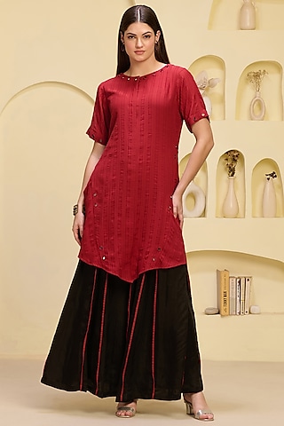 Red Cotton Satin & Linen Satin Hand Embroidered Asymmetric Kurta Set by First Resort by Ramola Bachchan