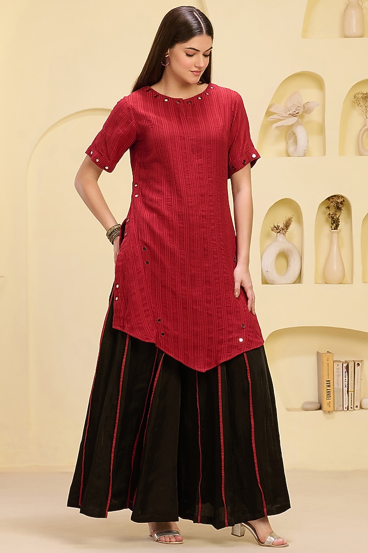 Red Cotton Satin & Linen Satin Hand Embroidered Asymmetric Kurta Set by First Resort by Ramola Bachchan at Pernia's Pop Up Shop