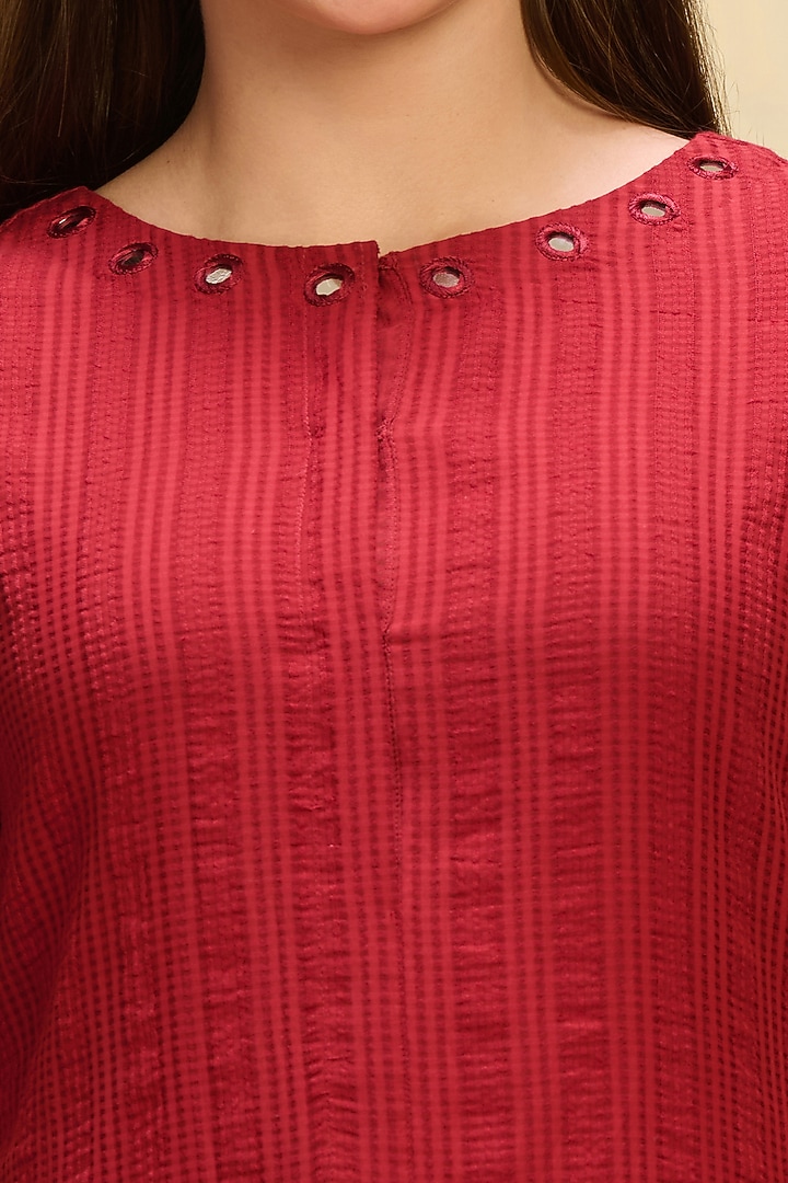 Red Cotton Satin & Linen Satin Hand Embroidered Asymmetric Kurta Set by First Resort by Ramola Bachchan at Pernia's Pop Up Shop