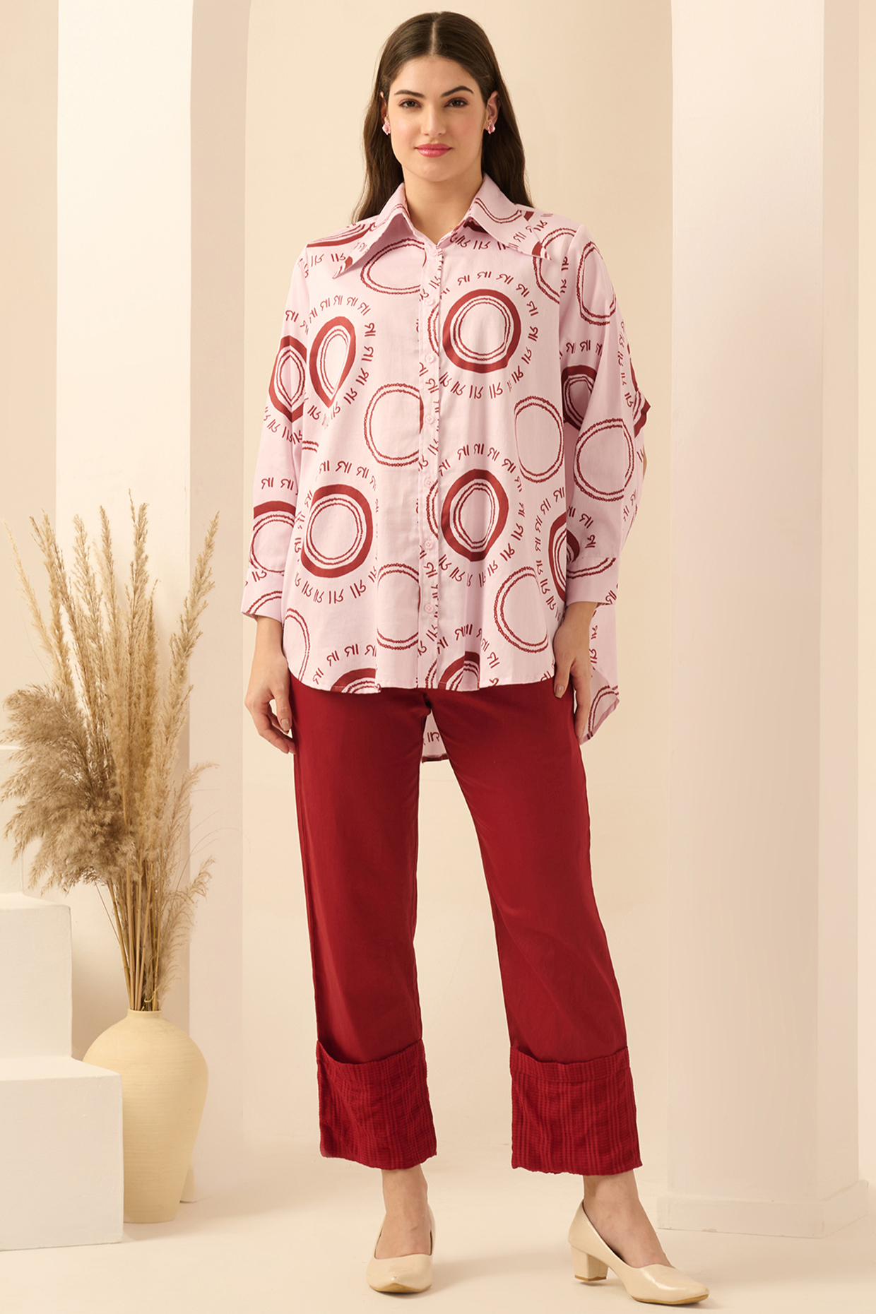 Red Cotton Satin & Banana Crepe Pant Set by First Resort by Ramola Bachchan at Pernia's Pop Up Shop