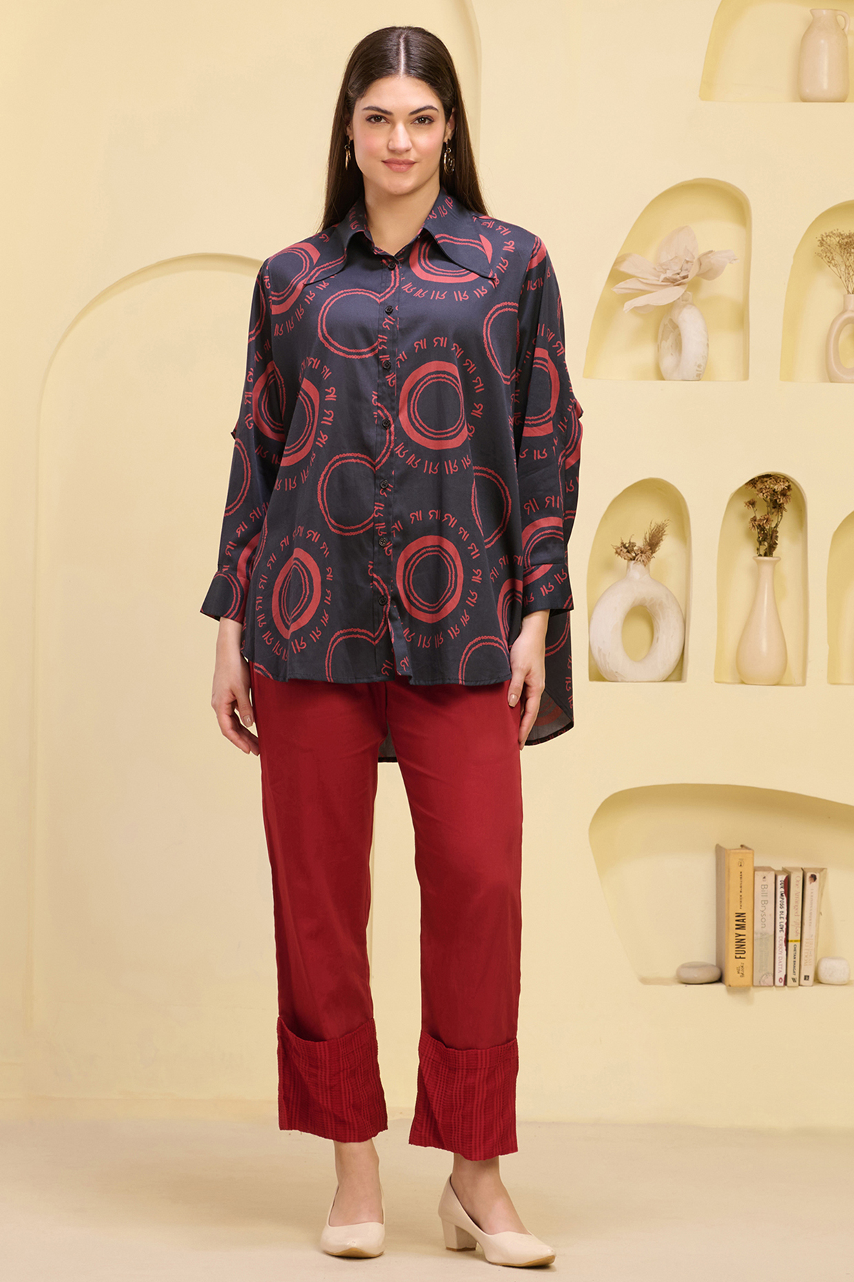 Red Cotton Satin & Banana Crepe Pant Set by First Resort by Ramola Bachchan at Pernia's Pop Up Shop