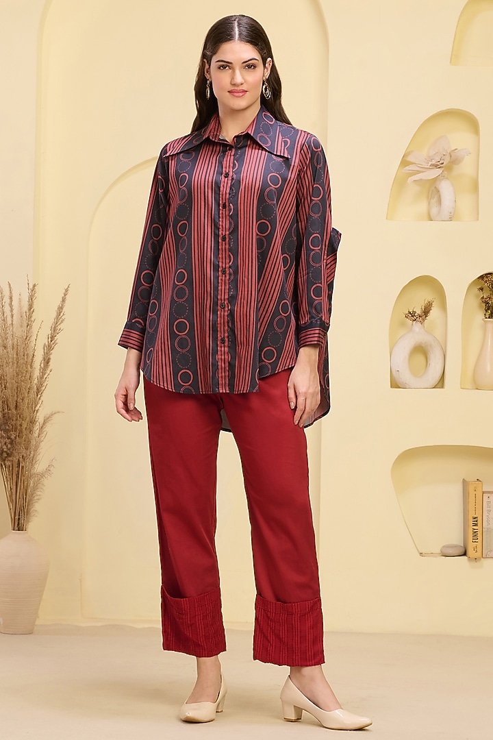 Red Cotton Satin & Banana Crepe Pant Set by First Resort by Ramola Bachchan at Pernia's Pop Up Shop