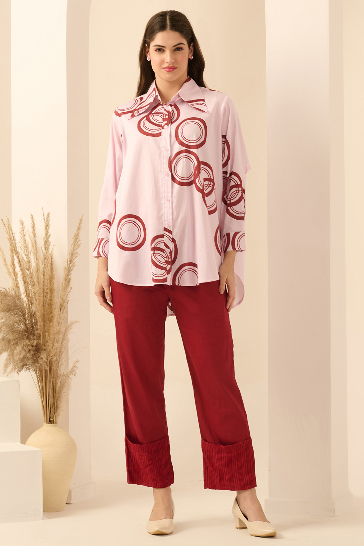 Red Cotton Satin & Banana Crepe Pant Set by First Resort by Ramola Bachchan at Pernia's Pop Up Shop