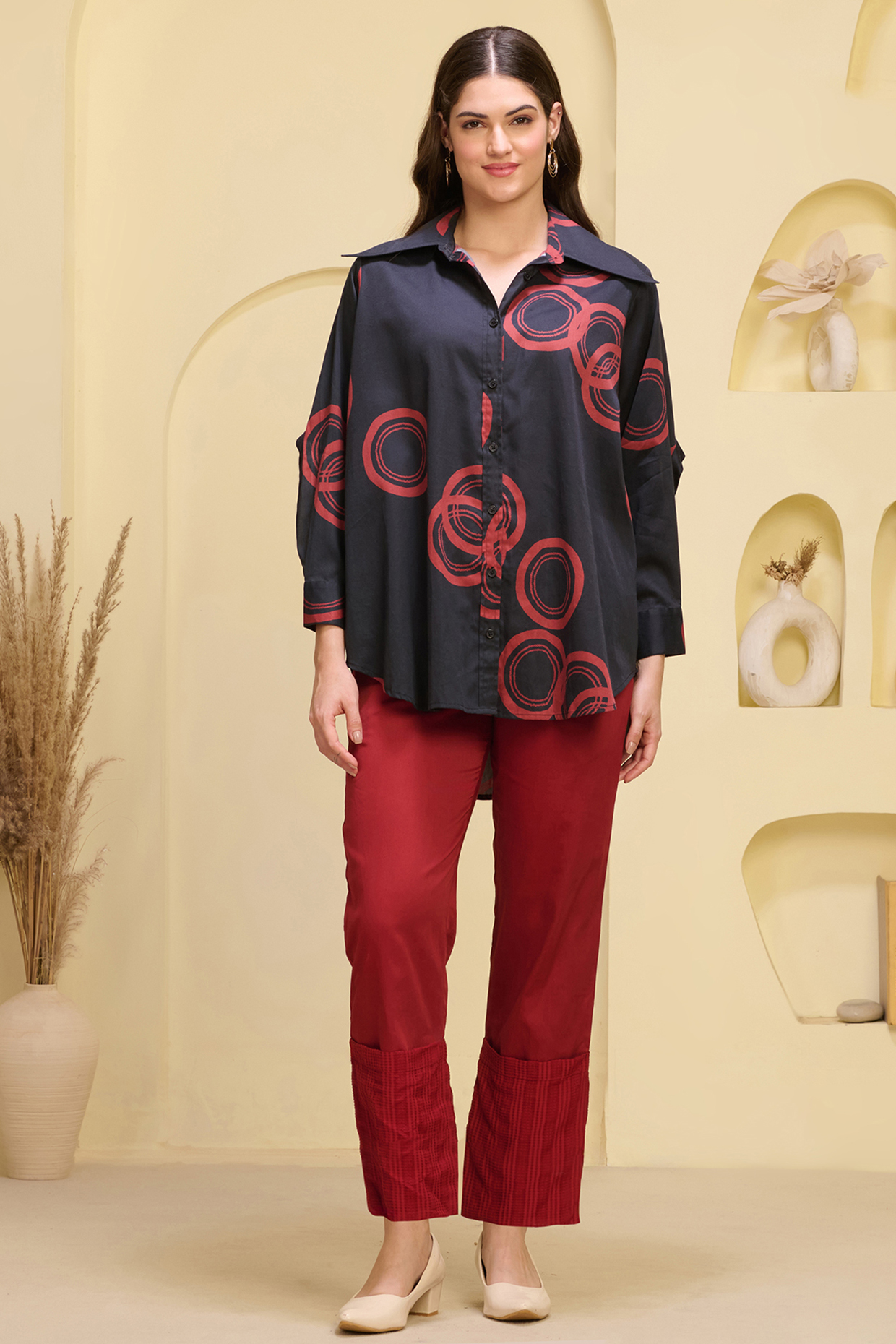 Red Cotton Satin & Banana Crepe Pant Set by First Resort by Ramola Bachchan at Pernia's Pop Up Shop